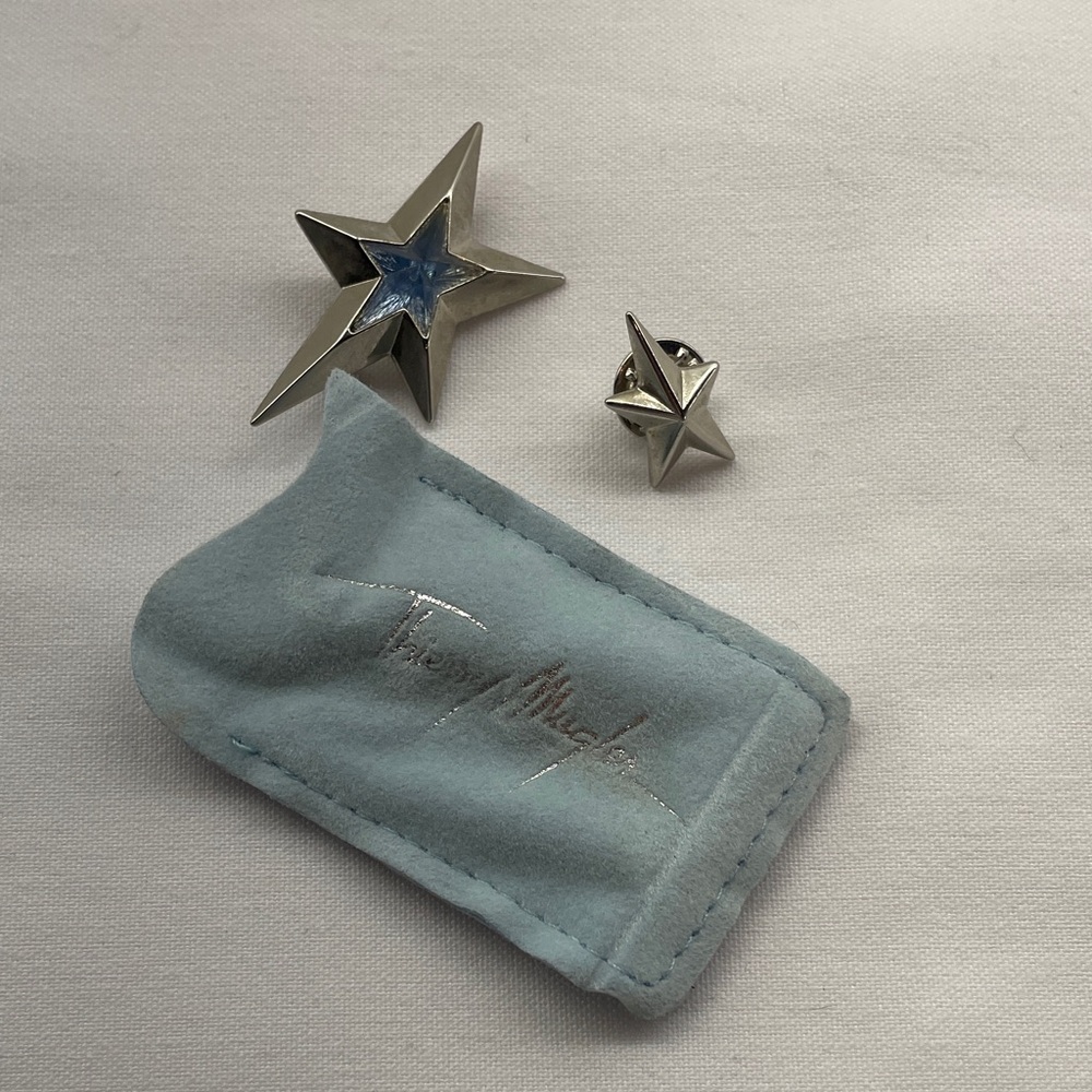 Thierry Mugler Soft Blue Pouch with Starr lapel silver  broach and pin Logo